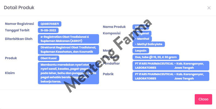 Lespain Cream 15 g - Krim Pereda Nyeri Otot dan Sendi - Menteng Farma