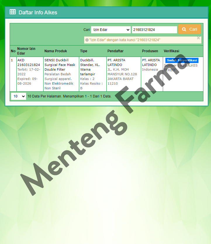 Sensi Mask Duckbill Face Mask Isi 6 Pcs - Menteng Farma