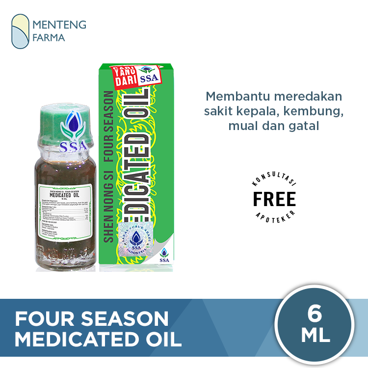 Four Season Medicated Oil 6ml - Minyak Angin untuk Sakit Kepala, Sakit Perut, Flu, Hidung Tersumbat, Mabuk Perjalanan, Gatal Gigitan Serangga