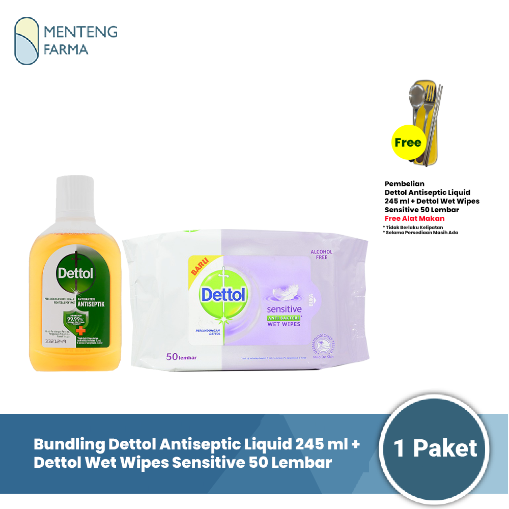 Bundling Dettol Antiseptic Liquid 245ml + Wet Wipes Sensitive 50s