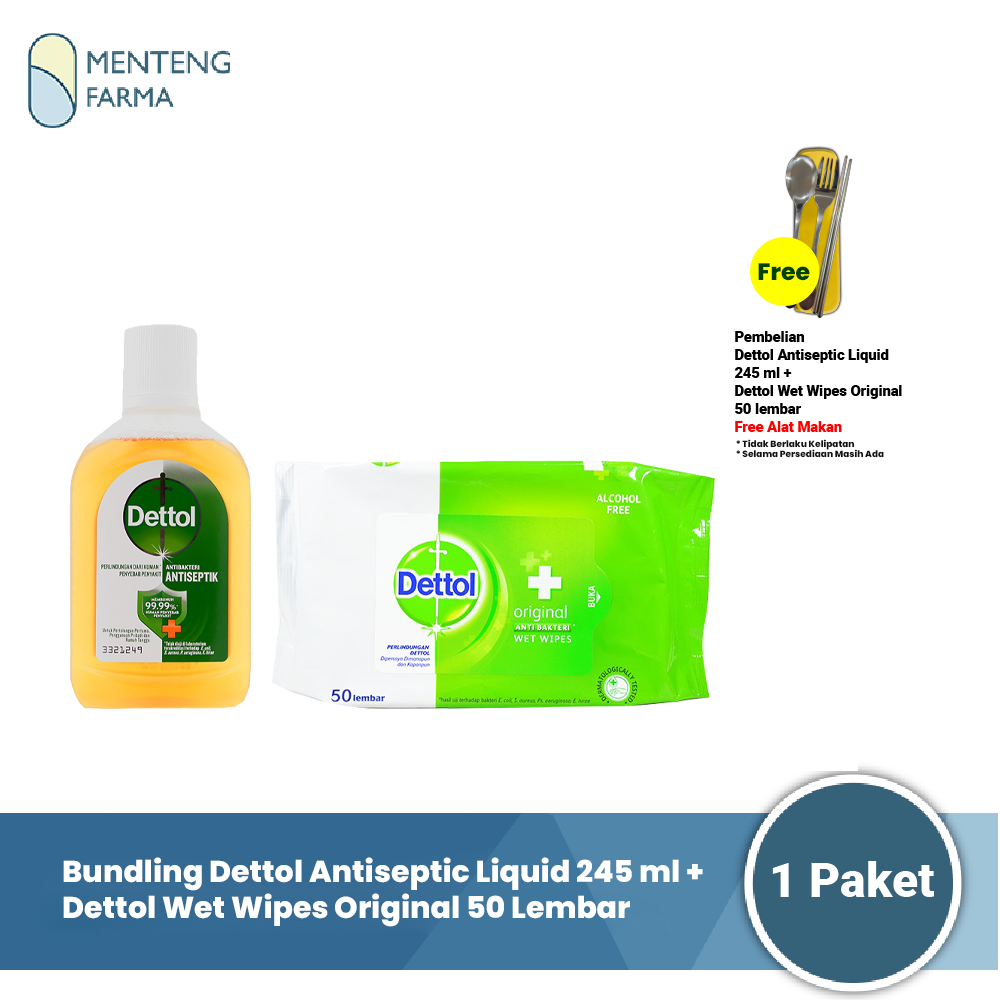 Bundling Dettol Antiseptic Liquid 245ml + Wet Wipes Original 50s