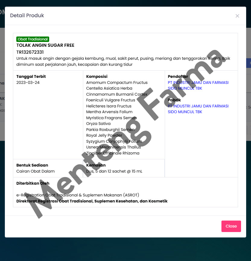 Tolak Angin Bebas Gula - Dus Isi 5 Sachet