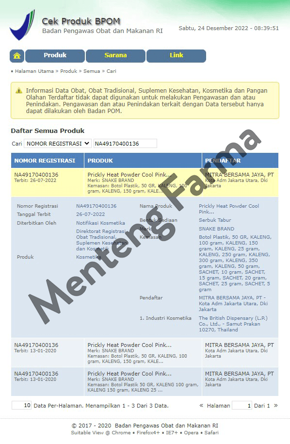 Prickly Heat Powder Cool Pink 300 Gram - Bedak Antiseptik Gatal & Biang Keringat - Menteng Farma