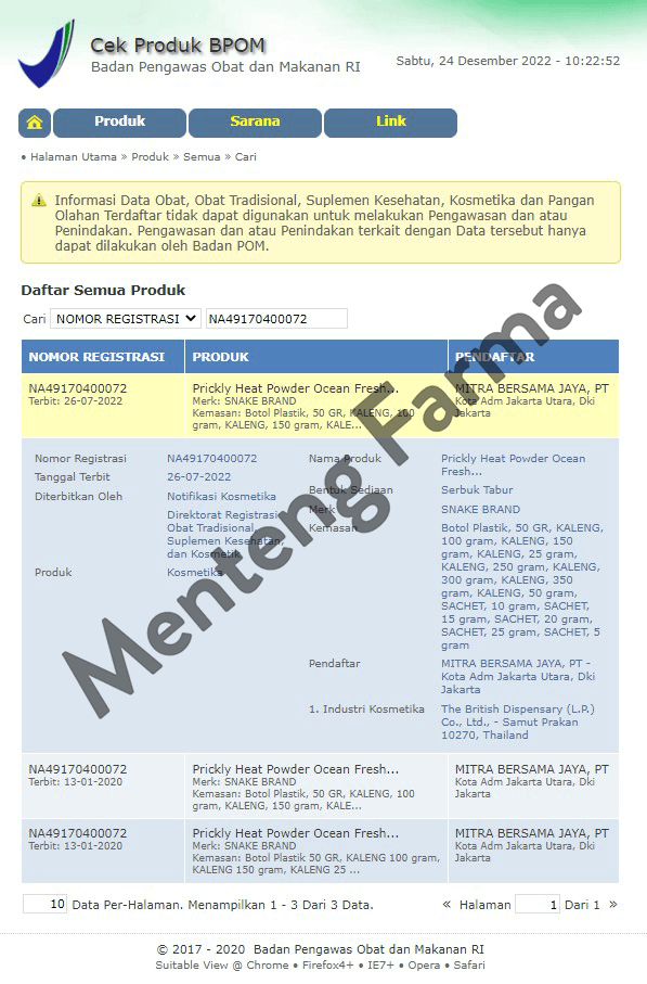 Prickly Heat Powder Ocean Fresh 300 Gram - Bedak Antiseptik Gatal & Biang Keringat - Menteng Farma