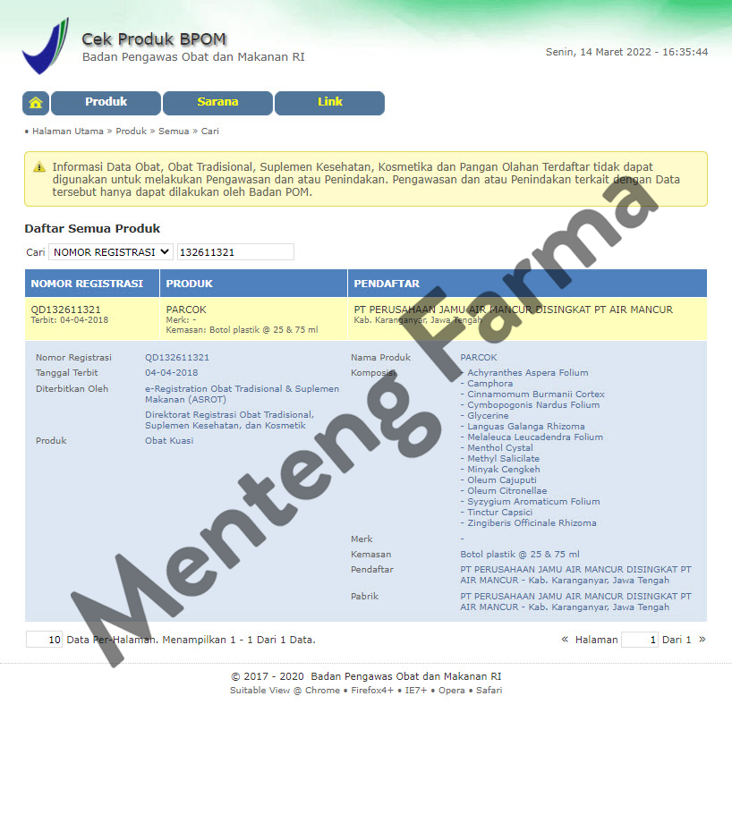 Parcok Param Kocok 75 mL - Obat Gosok Pereda Pegal Linu, Nyeri Sendi dan Otot - Menteng Farma