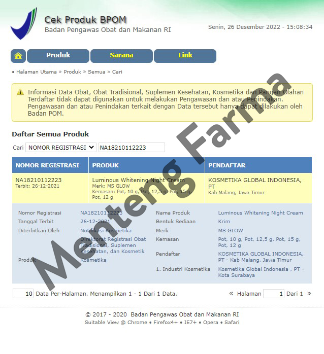 MS Glow Luminous Whitening Night Cream 12 Gr - Krim Malam Untuk Memudarkan Noda/Flek Wajah - Menteng Farma