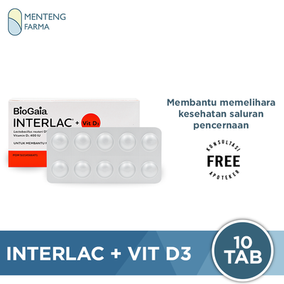 Interlac + Vit D3 10 Tablet Kunyah - Suplemen Kesehatan Saluran Cerna - Menteng Farma