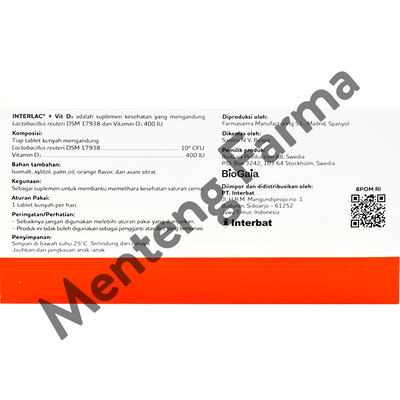 Interlac + Vit D3 10 Tablet Kunyah - Suplemen Kesehatan Saluran Cerna - Menteng Farma