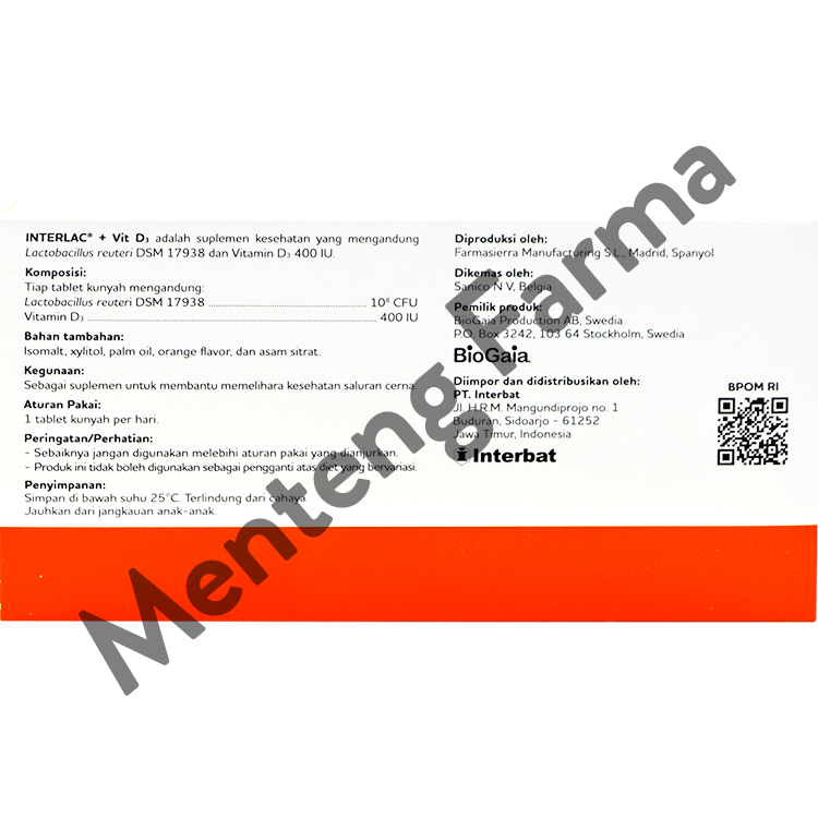 Interlac + Vit D3 10 Tablet Kunyah - Suplemen Kesehatan Saluran Cerna - Menteng Farma