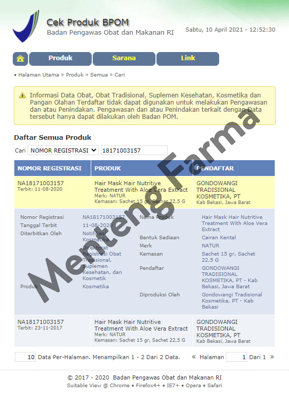 Natur Hair Mask Aloe Vera Extract Sachet 15 Gram - Masker Rambut untuk Merawat Kesuburan Rambut - Menteng Farma