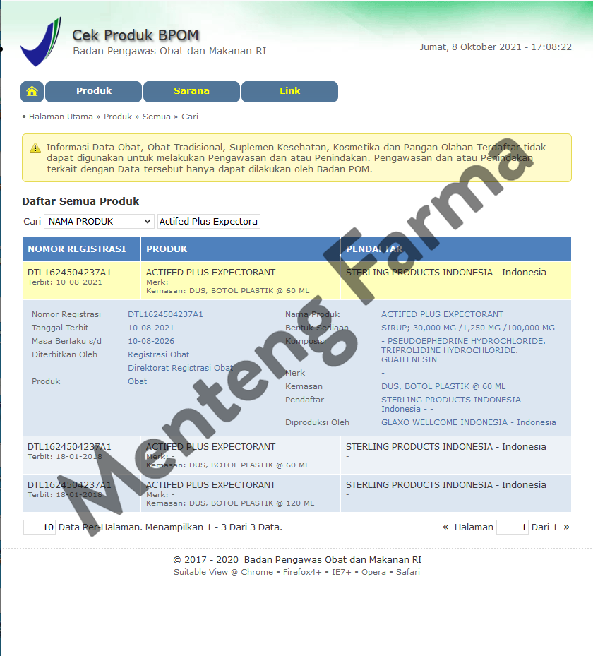 Actifed Plus Expectorant (Actifed Hijau) - Menteng Farma