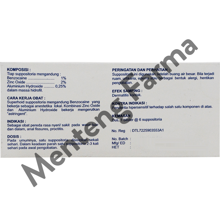 Superhoid Suppositoria Isi 6 - Anti Nyeri Hemoroid, Wasir, Ambeien - Menteng Farma