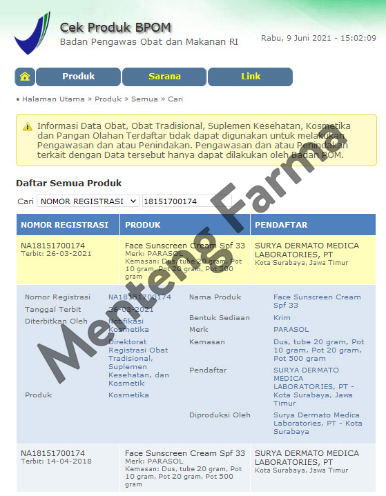 Parasol Face Sunscreen Cream SPF 33 20 Gr - Tabir Surya Pelindung Kulit dari sinar UV - Menteng Farma