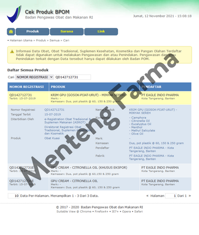 GPU Krim Sereh 150 Gr - Krim Urut Tidak Lengket dan Berminyak - Menteng Farma