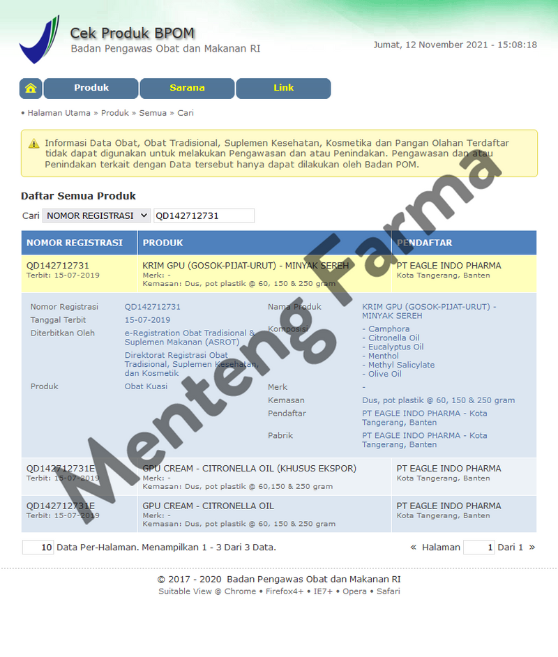 GPU Krim Sereh 150 Gr - Krim Urut Tidak Lengket dan Berminyak - Menteng Farma