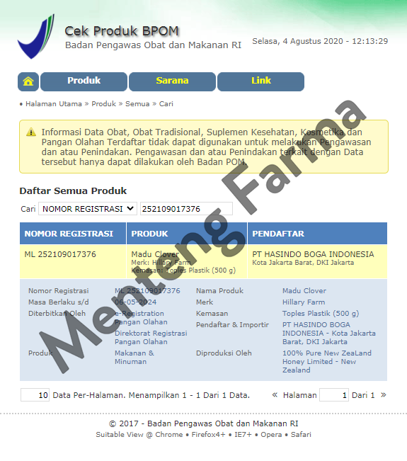 Clover Honey Hillary Farm 500 Gram - 100% Madu Clover New Zealand - Menteng Farma