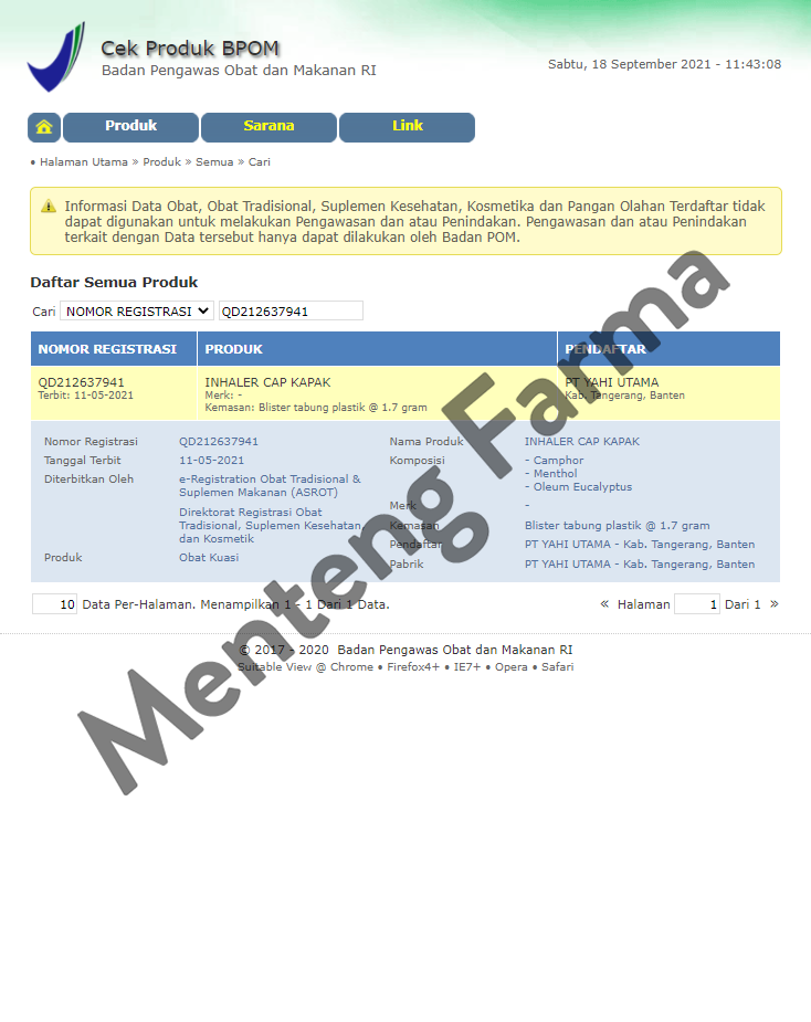 Inhaler Cap Kapak - Pereda Hidung Tersumbat, Pilek, dan Flu - Menteng Farma