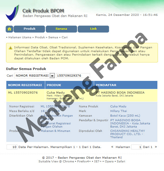 Honey Vinegar Hillary Thai 250 mL - Cuka Madu Thailand - Menteng Farma