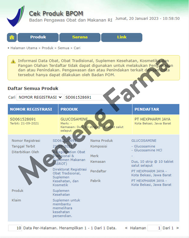 Glucosamine 250 mg 10 Tablet - Suplemen Kesehatan Persendian - Menteng Farma