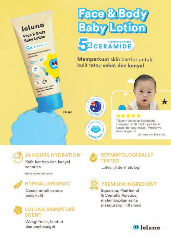 Loluna Face & Body Baby Lotion 200 mL - Krim Losion Wajah dan Tubuh Bayi Anak