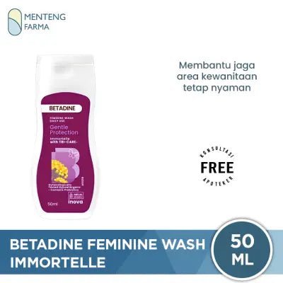 Betadine Feminine Wash Immortelle 50 mL - Pembersih Kewanitaan dengan Prebiotik Asam Laktat Tri Care Menyeimbangkan pH