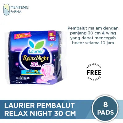 Laurier Relax Night Wing 30cm 8 Pads - Pembalut Malam Wings 30 Cm