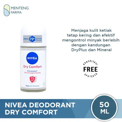 Nivea Dry Comfort Deodorant Roll On 50ml - Menjaga Kulit Ketiak Tetap Kering dan Mengontrol Bau Keringat