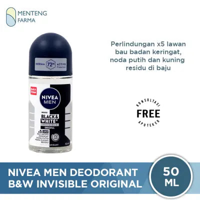 Nivea Men Black & White Invisible Original Deodorant Roll On 50ml - Deodorant Pria dengan Teknologi Anti Noda Kuning dan Putih