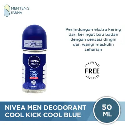 Nivea Men Cool Kick Cool Blue Deodorant Roll On 50ml - Perlindungan Ekstra Kering dengan Sensasi Dingin
