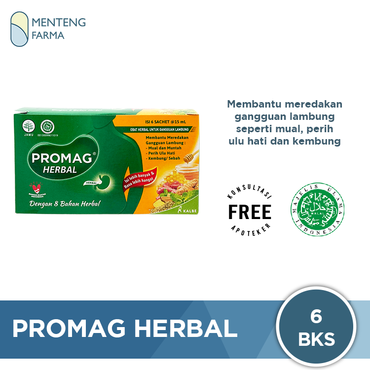 Promag Herbal 6 Sachet - Pereda Kembung, Sebah, Nyeri Ulu Hati - Menteng Farma