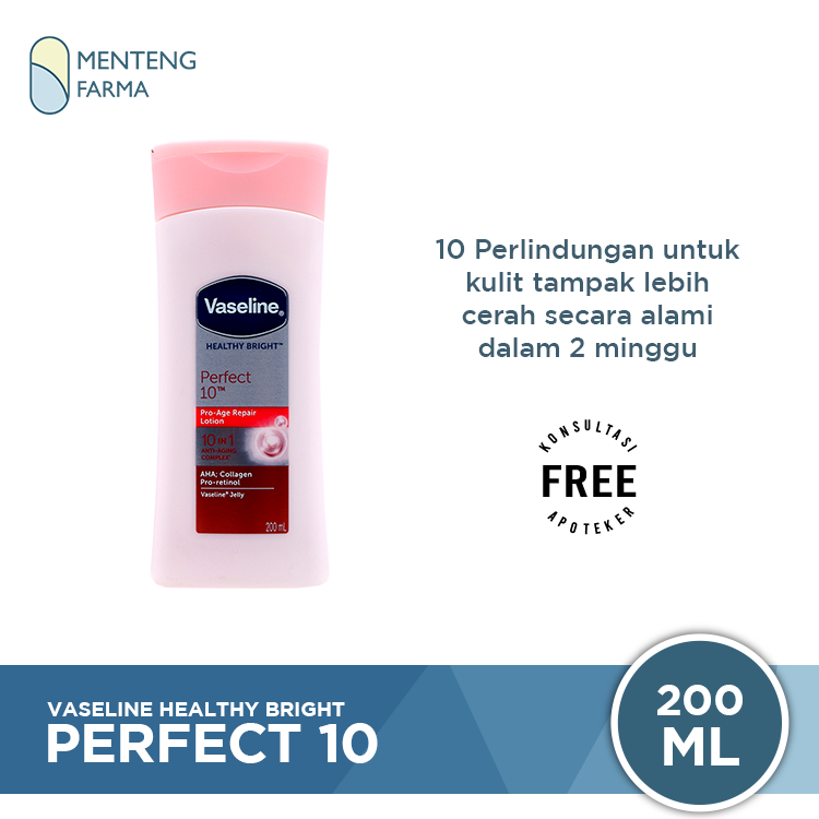 Vaseline Healthy Bright Hand Body Lotion Perfect 10 200 ML - Mencerahkan dan Mencegah Penuaan Dini - Menteng Farma