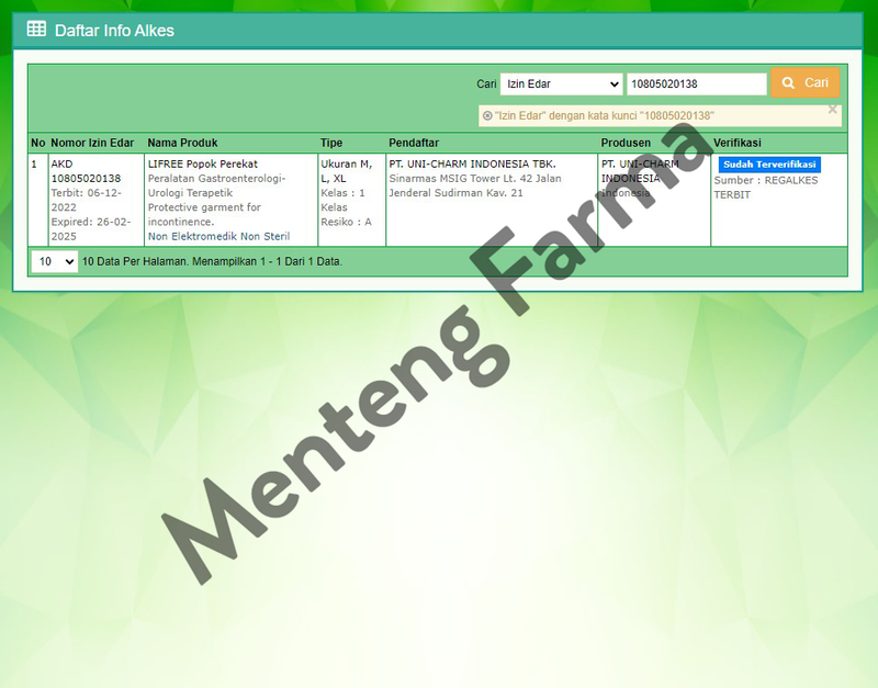 Lifree Popok Perekat L1 - Popok Perekat Dewasa Sachet - Menteng Farma