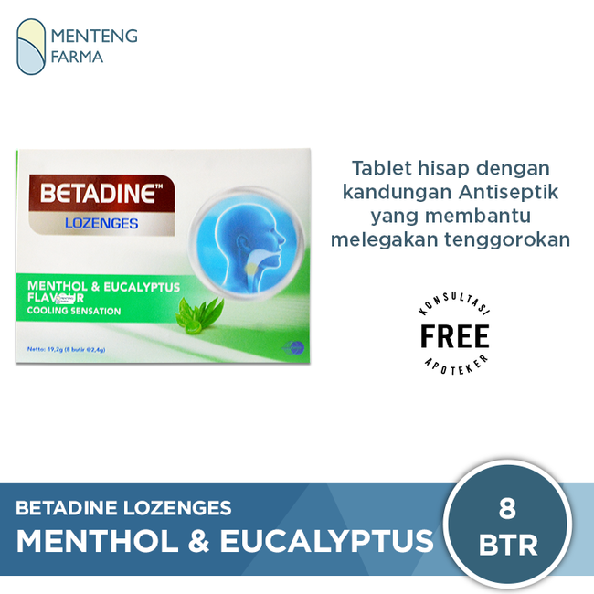 Betadine Lozenges Menthol & Eucalyptus 8 Butir - Tablet Hisap Antiseptik - Menteng Farma