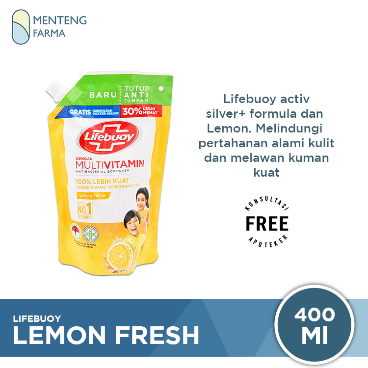 Lifebuoy Sabun Mandi Cair Refill Lemon Fresh 400 ML - Sabun Antibakteri ActivSilver dan Lemon - Menteng Farma