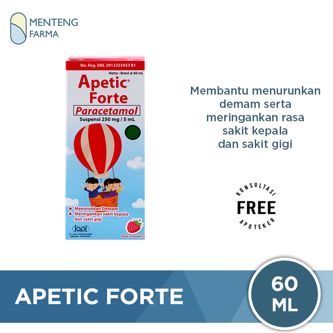 Apetic Forte Suspensi 60 mL - Obat Demam dan Nyeri Anak Rasa Strawberry - Menteng Farma