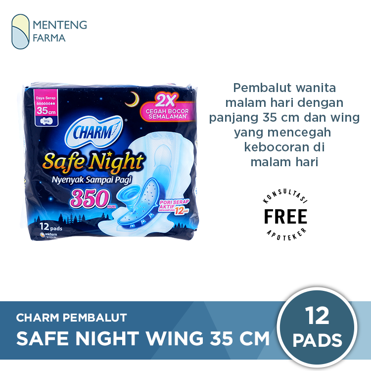 Charm Pembalut Safe Night 35 cm Wing 12 Pads - Pembalut Malam 35 cm - Menteng Farma