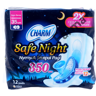 Charm Pembalut Safe Night 35 cm Wing 12 Pads - Pembalut Malam 35 cm - Menteng Farma