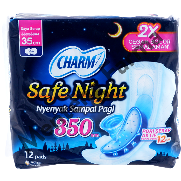 Charm Pembalut Safe Night 35 cm Wing 12 Pads - Pembalut Malam 35 cm - Menteng Farma