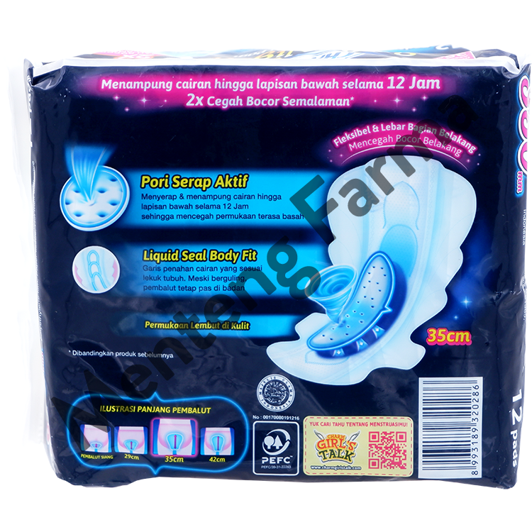 Charm Pembalut Safe Night 35 cm Wing 12 Pads - Pembalut Malam 35 cm - Menteng Farma