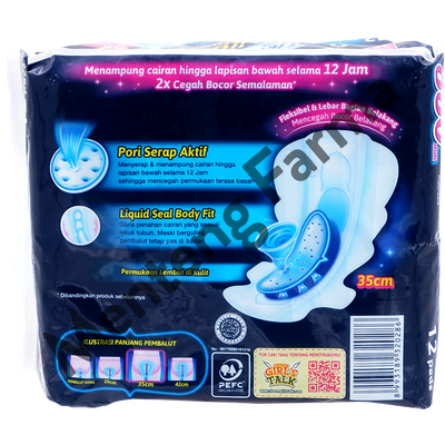 Charm Pembalut Safe Night 35 cm Wing 12 Pads - Pembalut Malam 35 cm - Menteng Farma