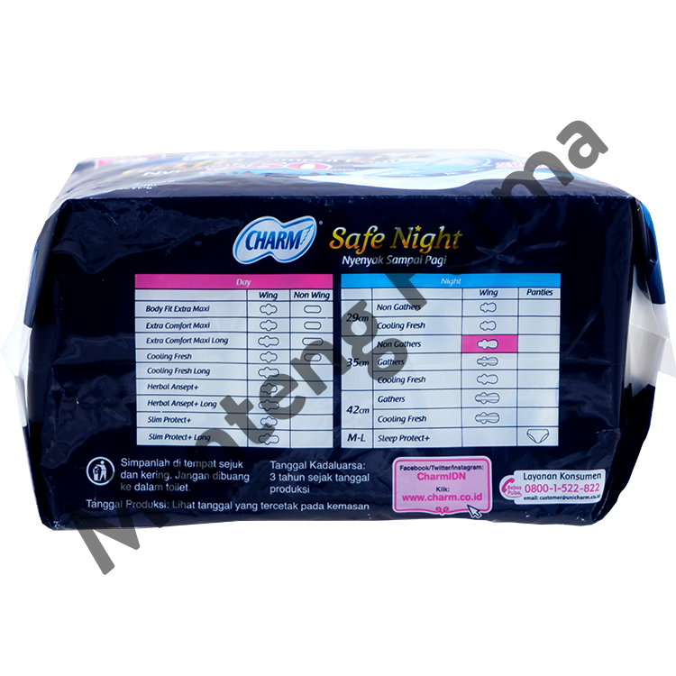 Charm Pembalut Safe Night 35 cm Wing 12 Pads - Pembalut Malam 35 cm - Menteng Farma