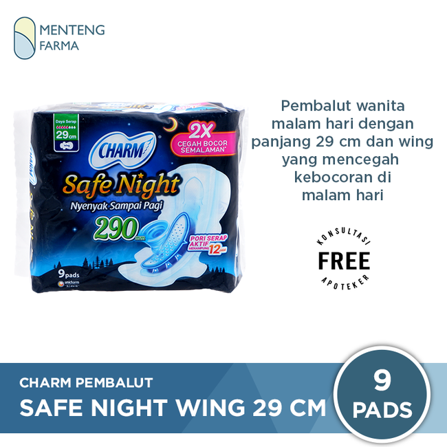 Charm Pembalut Safe Night 29 cm Wing 9 Pads - Pembalut Malam 29 cm - Menteng Farma