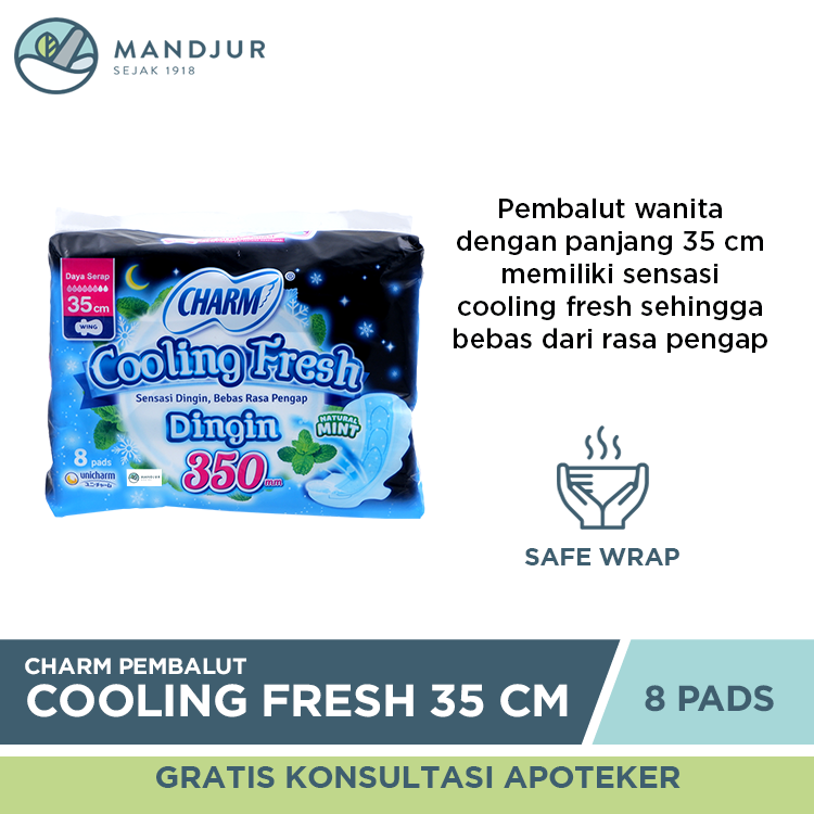 Charm Pembalut Cooling Fresh Night 35 cm 8 Pads - Pembalut Cooling Fresh 35 cm - Menteng Farma