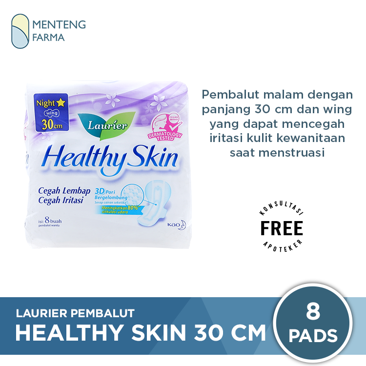Laurier Healthy Skin Night 30cm 8 Pads - Pembalut Malam Cegah Iritasi - Menteng Farma
