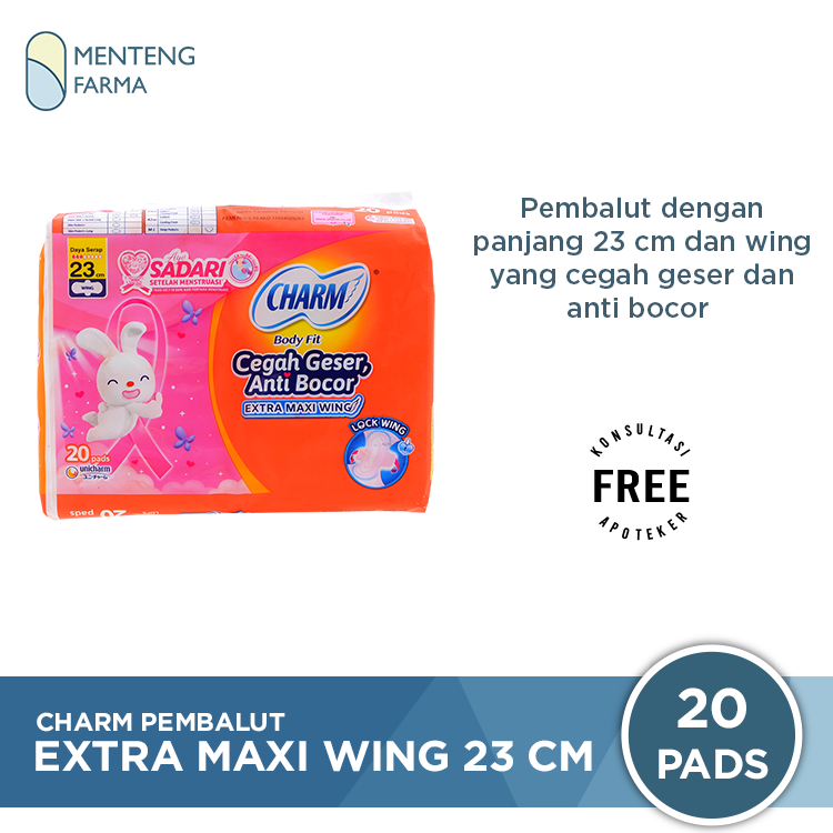 Charm Pembalut Body Fit Extra Maxi Wing 23 cm 20 Pads - Pembalut Wing 23 cm - Menteng Farma