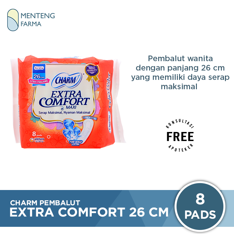 Charm Pembalut Extra Comfort 26 cm 8 Pads - Pembalut 26 cm - Menteng Farma