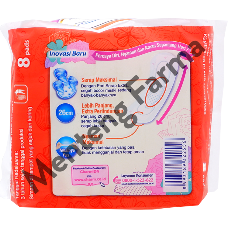 Charm Pembalut Extra Comfort 26 cm 8 Pads - Pembalut 26 cm - Menteng Farma