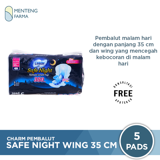 Charm Pembalut Safe Night 35 cm Wing 5 Pads - Pembalut Malam 35 cm - Menteng Farma