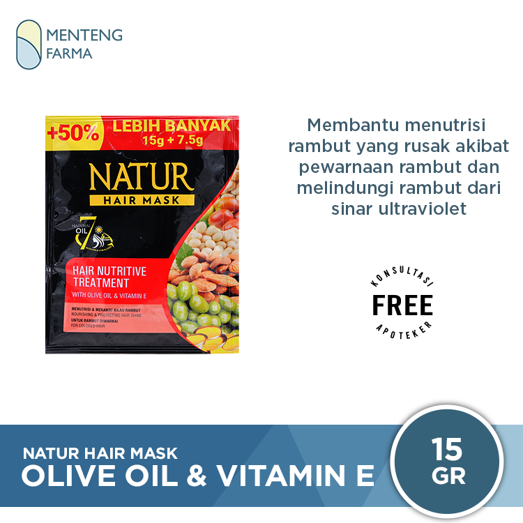 Natur Hair Mask Olive Oil & Vitamin E Sachet 15 Gram - Masker Rambut Untuk Rambut Diwarnai - Menteng Farma