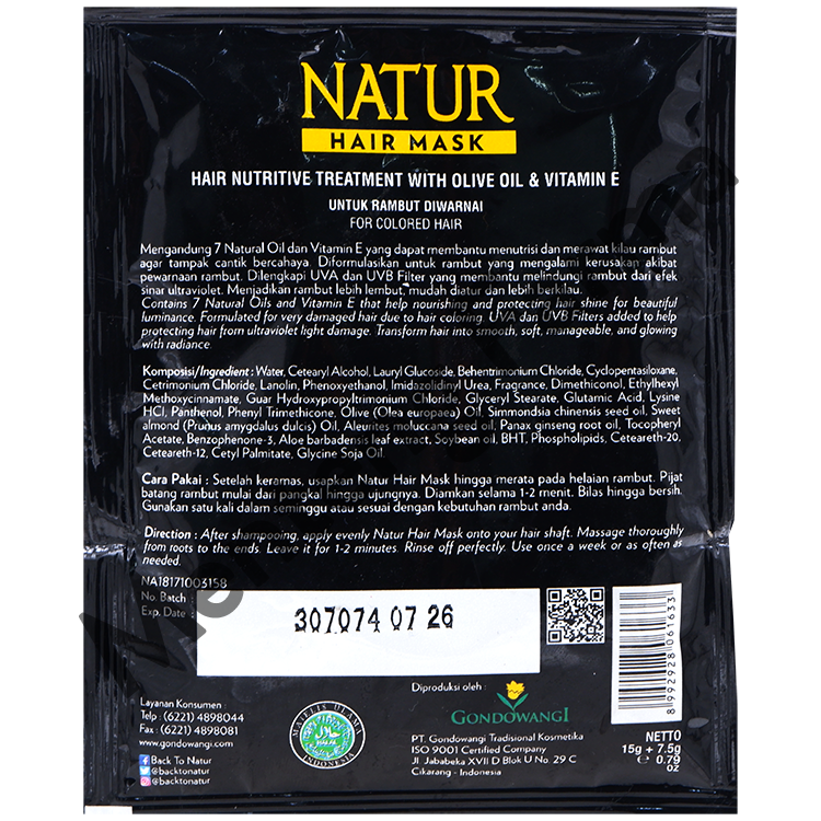 Natur Hair Mask Olive Oil & Vitamin E Sachet 15 Gram - Masker Rambut Untuk Rambut Diwarnai - Menteng Farma